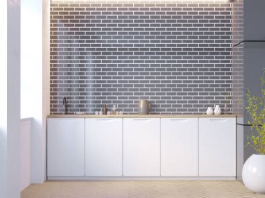 Beyaz ve siyah tuğla mutfak iç beyaz masa üstleri ve duvarın yanında saksılı bir bitki ile. 3D render illüstrasyon