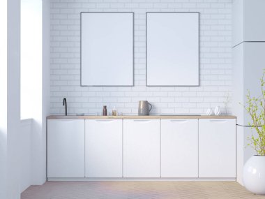 Beyaz ve siyah tuğla mutfak iç beyaz masa üstleri ve duvarın yanında saksılı bir bitki ile. 3D render illüstrasyon