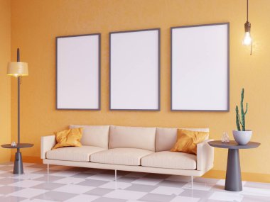 Yatay poster çerçeve, kanepe, lamba ve bitkiler ile sahte kadar. 3D render. illüstrasyon