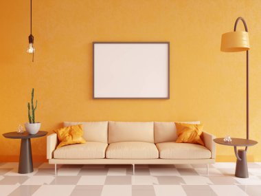 Yatay poster çerçeve, kanepe, lamba ve bitkiler ile sahte kadar. 3D render. illüstrasyon