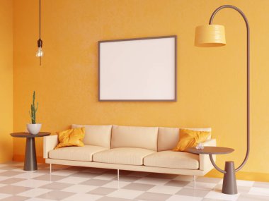 Yatay poster çerçeve, kanepe, lamba ve bitkiler ile sahte kadar. 3D render. illüstrasyon