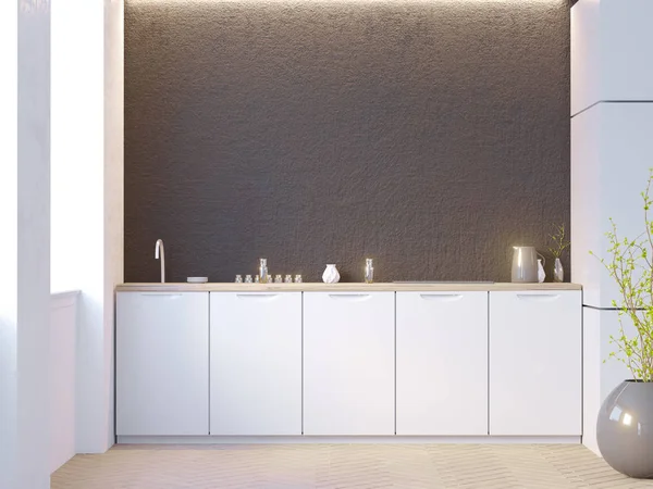 Witte en zwarte bakstenen keuken interieur met witte tafelbladen en een ingemaakte installatie in de buurt van de muur. 3D rendering illustratie — Stockfoto