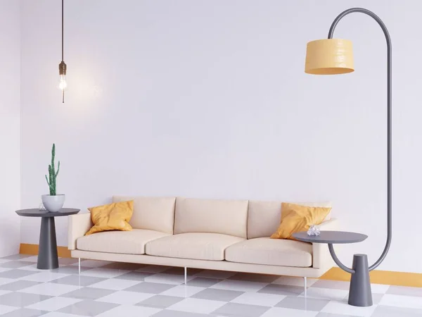 Cartaz horizontal mock up com moldura, sofá, lâmpada e plantas. renderização 3d. Ilustração — Fotografia de Stock
