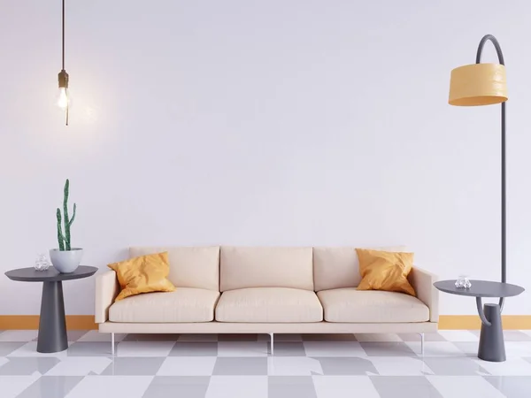 Horizontale affiche mock up met frame, sofa, lamp en planten. 3D-rendering. illustratie — Stockfoto