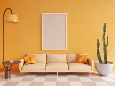 Yatay poster çerçeve, kanepe, lamba ve bitkiler ile sahte kadar. 3D render. illüstrasyon