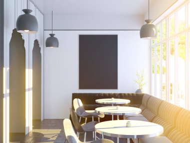 Büyük bir kanepe, ahşap zemin ile Cafe iç. 3D render. resimde alay.