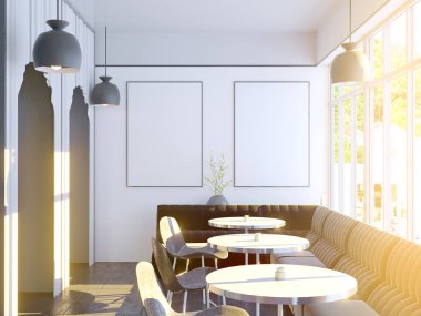 Büyük bir kanepe, ahşap zemin ile Cafe iç. 3D render. resimde alay.