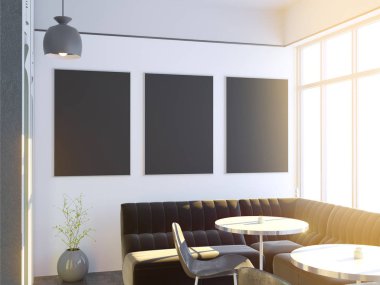 Büyük bir kanepe, ahşap zemin ile Cafe iç. 3D render. resimde alay.