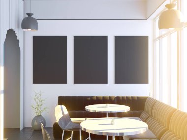 Büyük bir kanepe, ahşap zemin ile Cafe iç. 3D render. resimde alay.