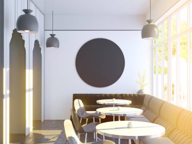 Büyük bir kanepe, ahşap zemin ile Cafe iç. 3D render. resimde alay.