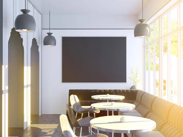 Інтер'єр кафе з великим диваном, дерев'яною підлогою. 3D візуалізація. ілюстрація Макет . — стокове фото