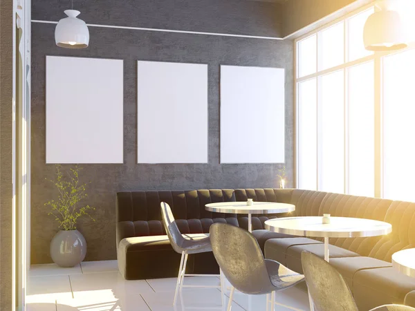 Інтер'єр кафе з великим диваном, дерев'яною підлогою. 3D візуалізація. ілюстрація Макет . — стокове фото