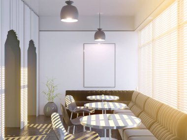 Büyük bir kanepe, ahşap zemin ile Cafe iç. 3D render. resimde alay.