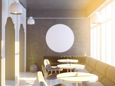 Büyük bir kanepe, ahşap zemin ile Cafe iç. 3D render. resimde alay.