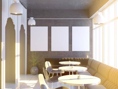 Büyük bir kanepe, ahşap zemin ile Cafe iç. 3D render. resimde alay.