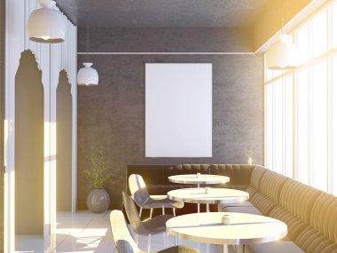 Büyük bir kanepe, ahşap zemin ile Cafe iç. 3D render. resimde alay.