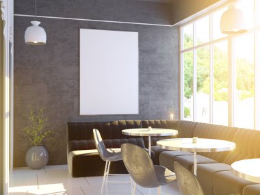 Büyük bir kanepe, ahşap zemin ile Cafe iç. 3D render. resimde alay.