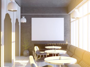 Büyük bir kanepe, ahşap zemin ile Cafe iç. 3D render. resimde alay.