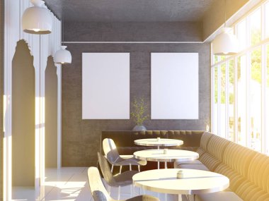 Büyük bir kanepe, ahşap zemin ile Cafe iç. 3D render. resimde alay.