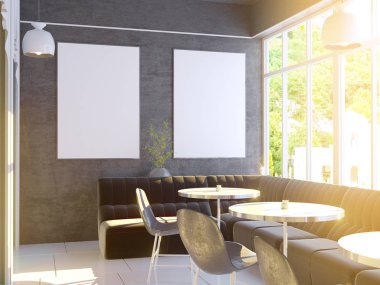 Büyük bir kanepe, ahşap zemin ile Cafe iç. 3D render. resimde alay.