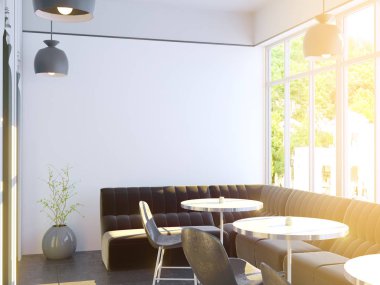 Büyük bir kanepe, ahşap zemin ile Cafe iç. 3D render. resimde alay.
