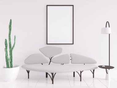 Poster iç kanepe beyaz bir arka planda 3d render, 3d resimde bir ağaç şeklinde kadar alay