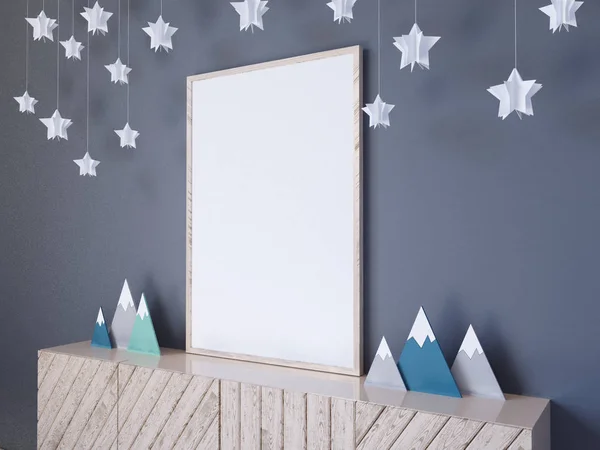 Interior wall mock up with poster, paper stars, pillows and blue clouds on white wall background, 3D rendering, 3D illustration