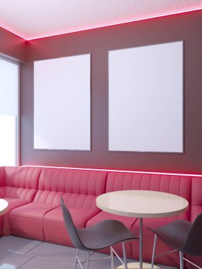 Büyük bir kanepe, masa sandalye 3d render ile bir dizi ile Cafe iç. resimde alay.