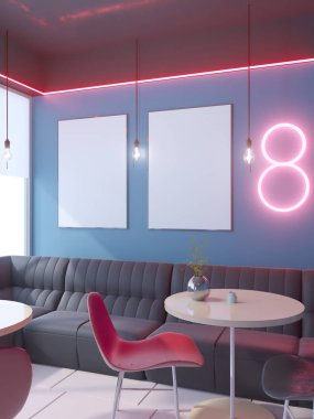 Büyük bir kanepe, masa sandalye 3d render ile bir dizi ile Cafe iç. resimde alay.