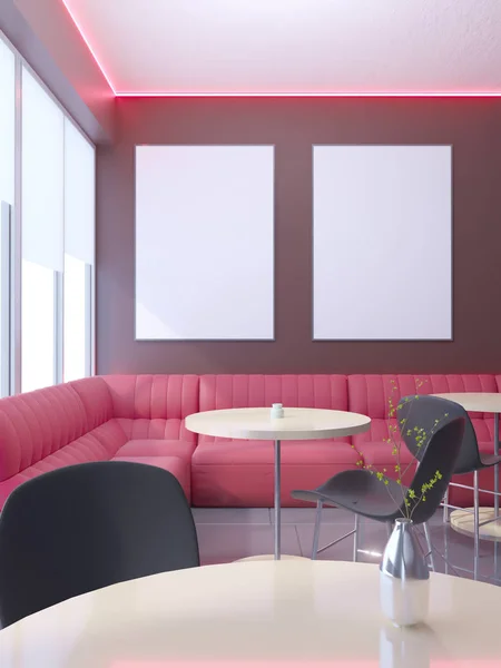 Cafe interieur met een grote bank, een rij van tabellen met stoelen 3D-rendering. illustratie Mock up. — Stockfoto