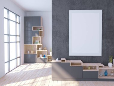 Boş çerçeve ile modern parlak iç. 3D render 3d çizim