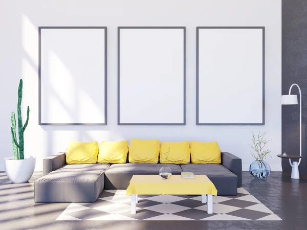 Moderní světlý interiér s prázdný rámeček. 3D vykreslování 3d ilustrace — Stock fotografie