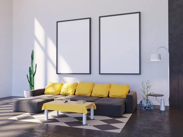 Moderno interno luminoso con cornice vuota. Illustrazione 3D di rendering — Foto Stock