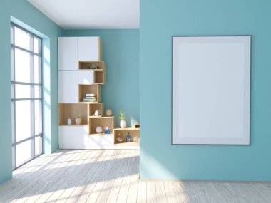 Boş çerçeve ile modern parlak iç. 3D render 3d duvar illüstrasyon, beyaz, pencere, ahşap, ahşap  