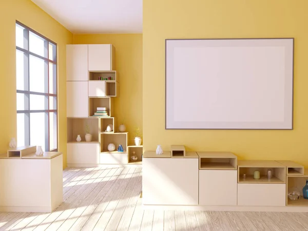 Modern bright interior with empty frame . 3D rendering 3D illustration — Stock Photo, Image