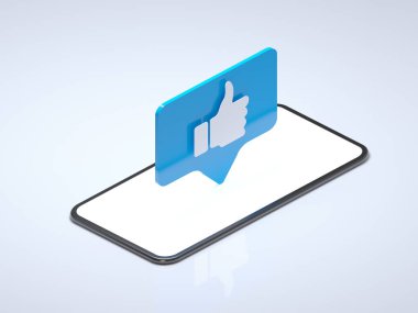 Cep telefonu ekran mavi sembolü gibi yukarı başparmak. Beyaz arka plan üzerinde sosyal medya kavramı izole cep telefonudur. 3D render.