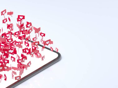 Kırmızı kalp sembolleri cep telefonu ekran gibi. Beyaz arka plan üzerinde 3d render izole cep telefonudur. illüstrasyon.