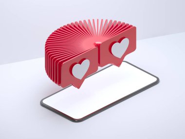 Kırmızı kalp sembolleri cep telefonu ekran gibi. Beyaz arka plan üzerinde 3d render izole cep telefonudur. illüstrasyon.