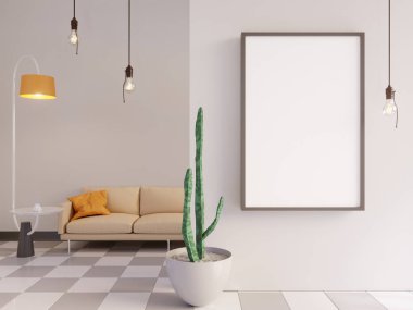 Yatay poster çerçeve, kanepe, lamba ve bitkiler ile sahte kadar. 3D render. illüstrasyon