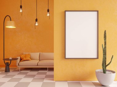 Yatay poster çerçeve, kanepe, lamba ve bitkiler ile sahte kadar. 3D render. illüstrasyon