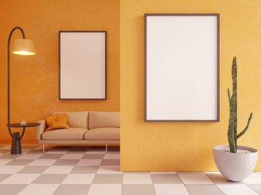 Yatay poster çerçeve, kanepe, lamba ve bitkiler ile sahte kadar. 3D render. illüstrasyon