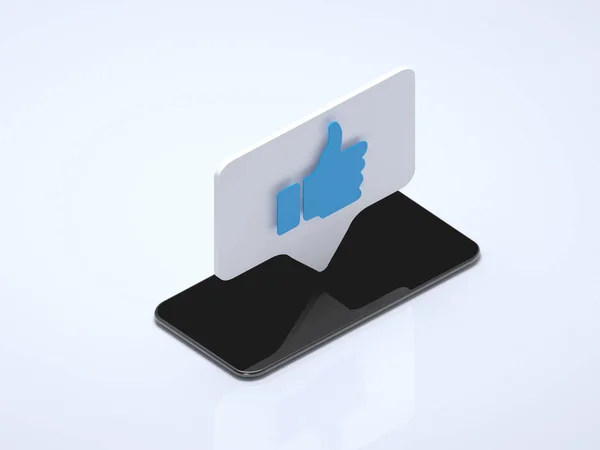 Великий палець, як синій символ на екрані мобільного телефону. Ізольований мобільний телефон на білому тлі, концепція соціальних медіа. 3D візуалізація . — стокове фото