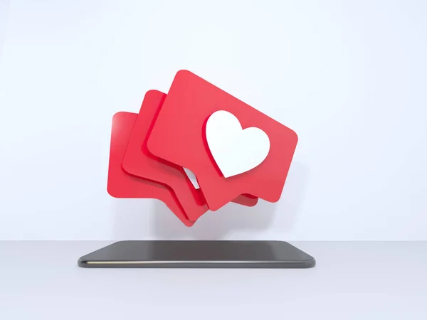 Corazón rojo Como símbolos en la pantalla del teléfono móvil. El teléfono móvil aislado está en fondo blanco, renderizado en 3D. ilustración . — Foto de Stock