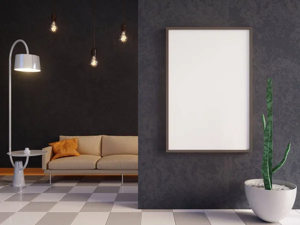Cartaz horizontal mock up com moldura, sofá, lâmpada e plantas. renderização 3d. Ilustração — Fotografia de Stock