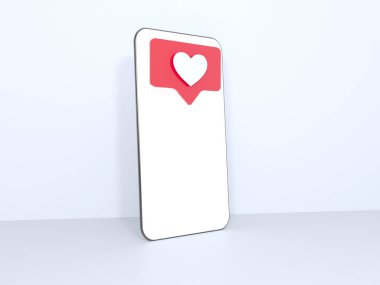 Kırmızı kalp sembolleri cep telefonu ekran gibi. Beyaz arka plan üzerinde 3d render izole cep telefonudur. illüstrasyon.
