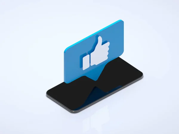 Thumb up like blue symbol on mobile phone screen. Isolated mobile phone is on white background, Social media concept. 3d rendering. — Stock Photo, Image