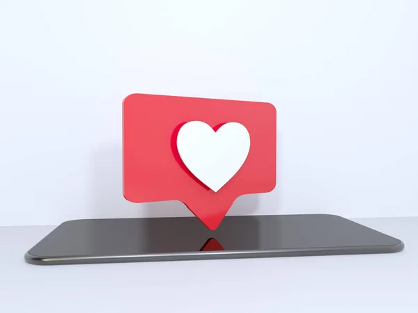 Corazón rojo Como símbolos en la pantalla del teléfono móvil. El teléfono móvil aislado está en fondo blanco, renderizado en 3D. ilustración . — Foto de Stock