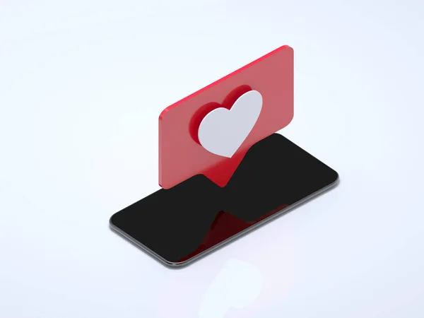 Corazón rojo Como símbolos en la pantalla del teléfono móvil. El teléfono móvil aislado está en fondo blanco, renderizado en 3D. ilustración . — Foto de Stock