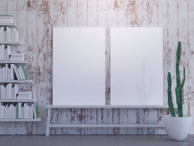 Boş çerçeve ile modern parlak iç. 3D render 3d çizim