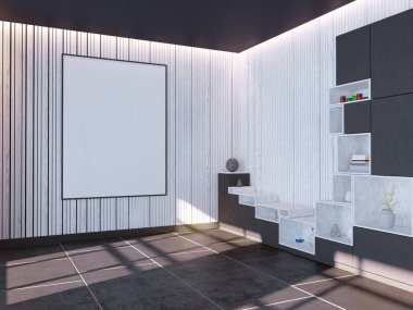poster çerçevesi içinde yenilikçi iç geçmiş, 3d render kadar alay